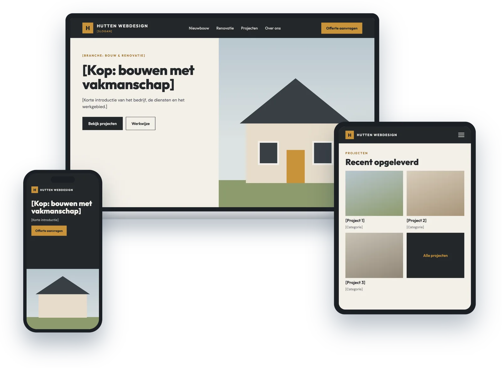 Voorbeeld van een responsive website op laptop, tablet en telefoon