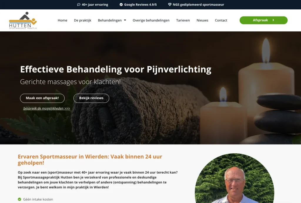 Homepage van de website van sportmassagepraktijk hutten