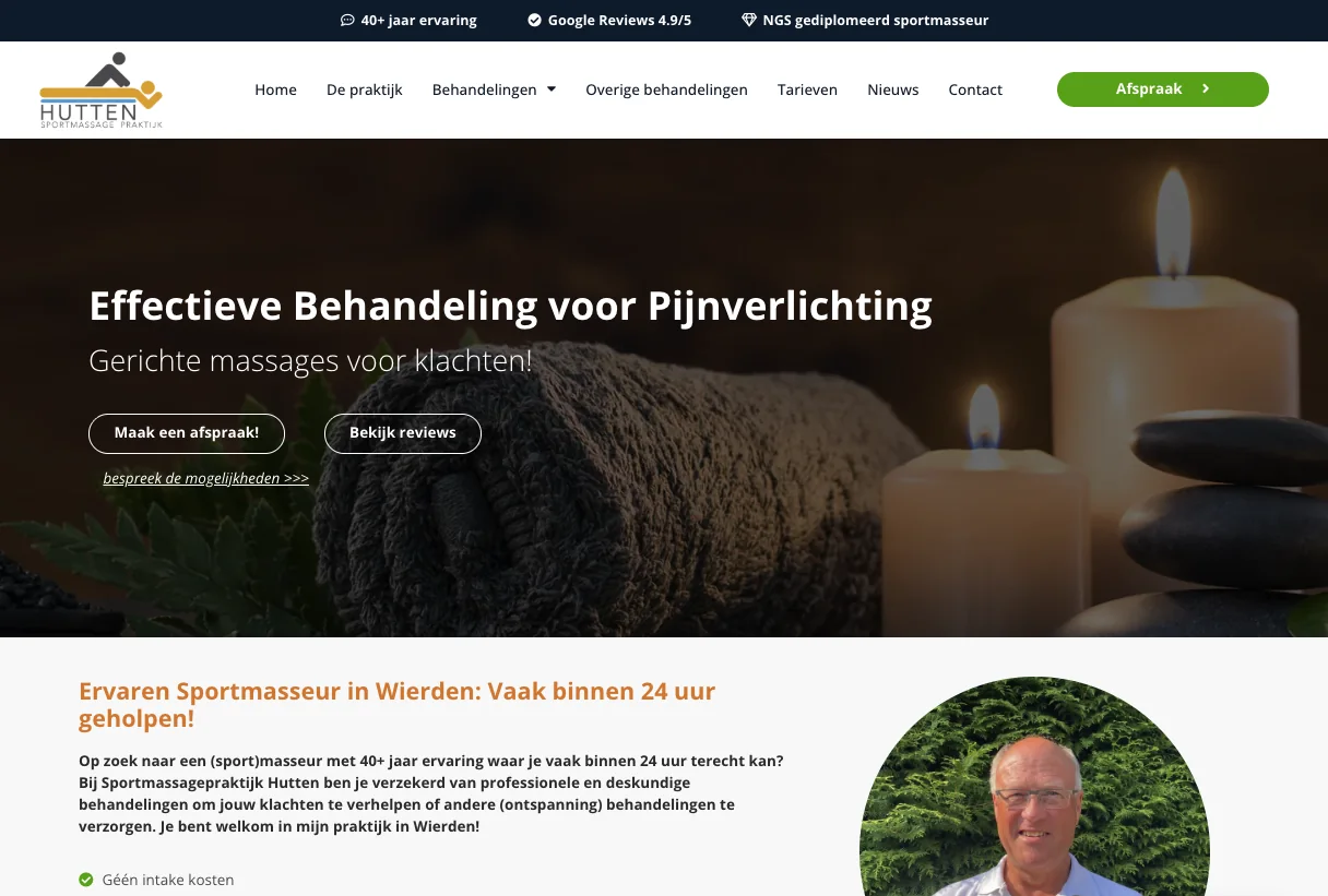 Homepage van de website van sportmassagepraktijk hutten