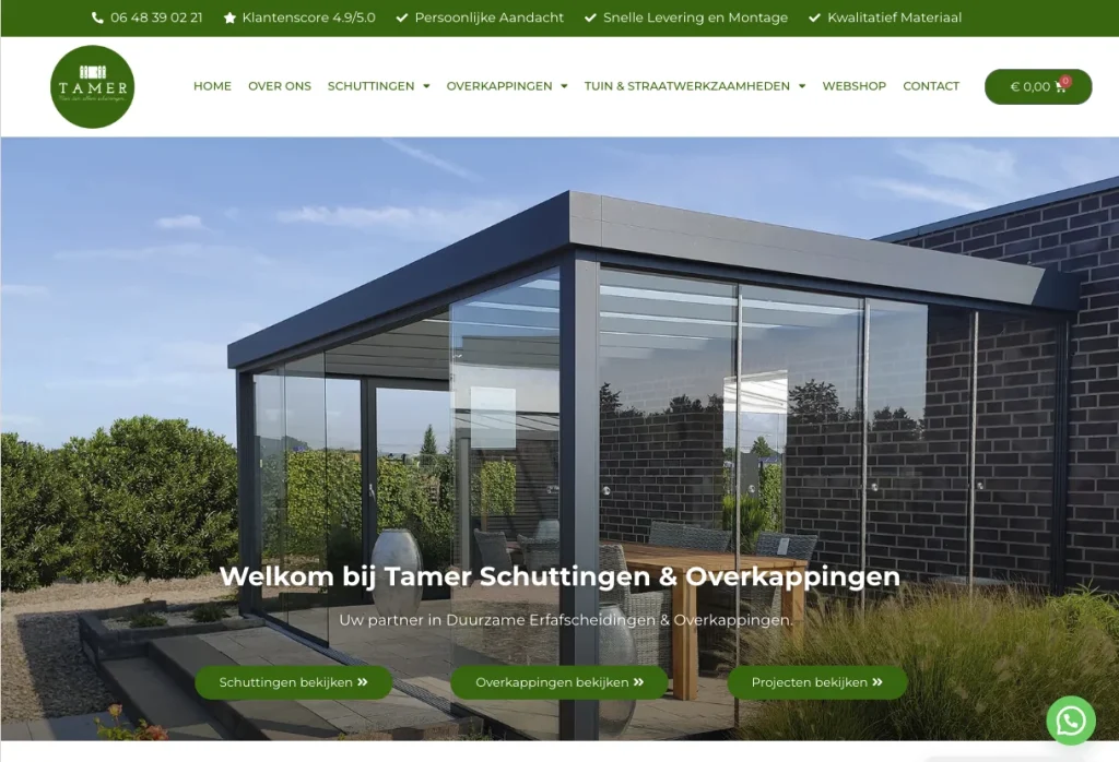 Homepage van de website van tamer schuttingen