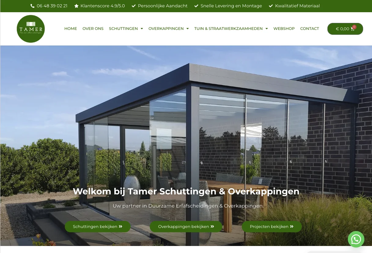 Homepage van de website van tamer schuttingen
